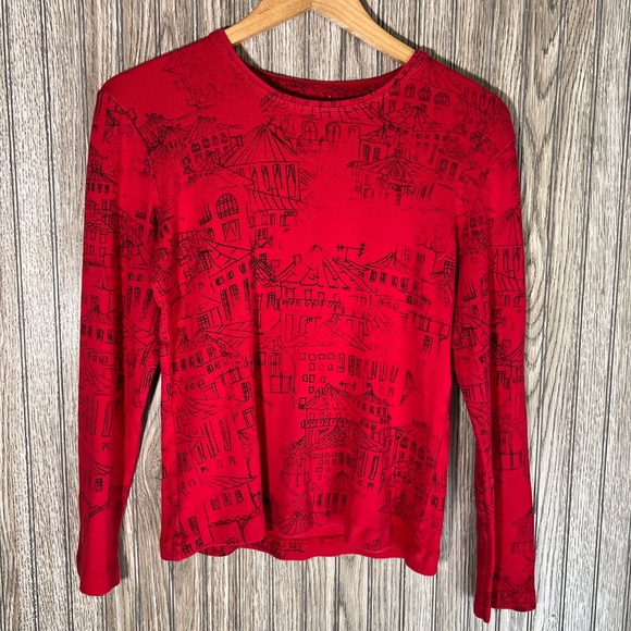 Red Black y2k Asian Inspired Graphic Print Long Sleeve Top Blouse - Picture 1 of 4